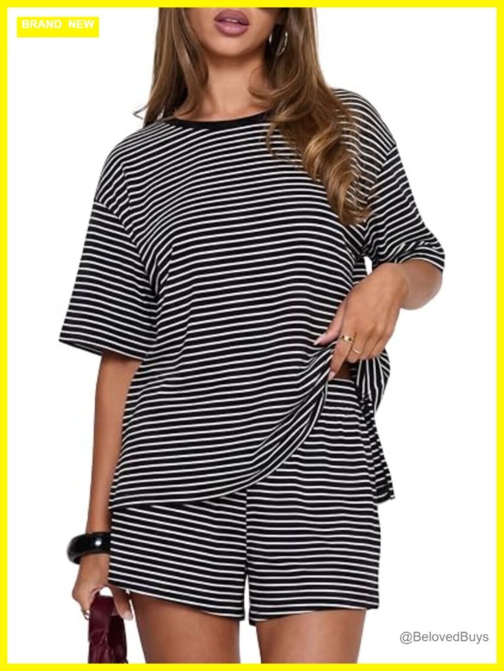Striped 2 Piece Lounge Set Short Sleeve Oversized T Shirt Drawstring Shorts
